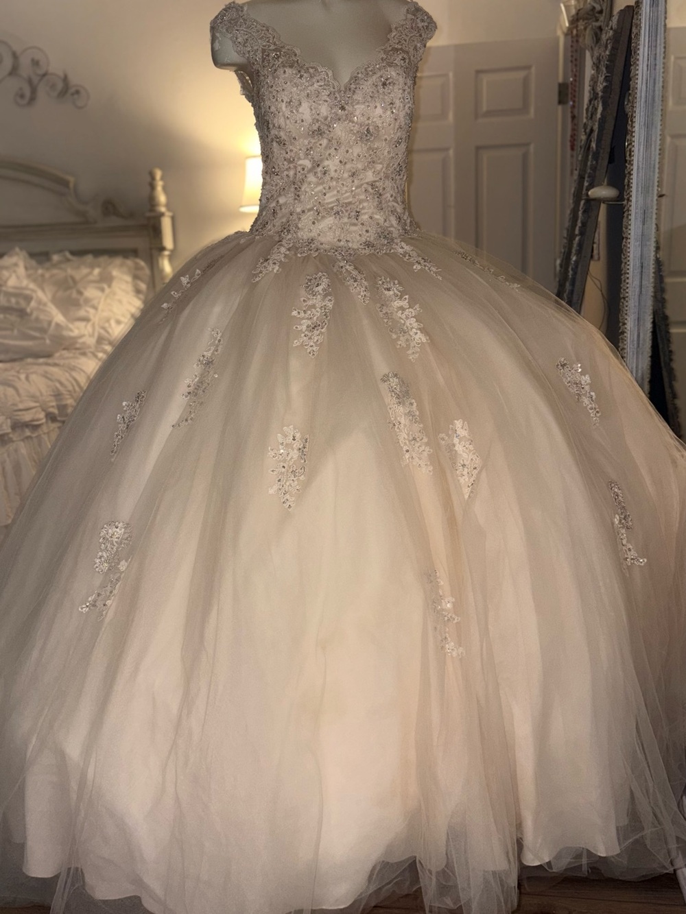 Morilee Gardner, Quinceañera Tulle Gown/ Ivory w/Champagne overlay/ nude lining.